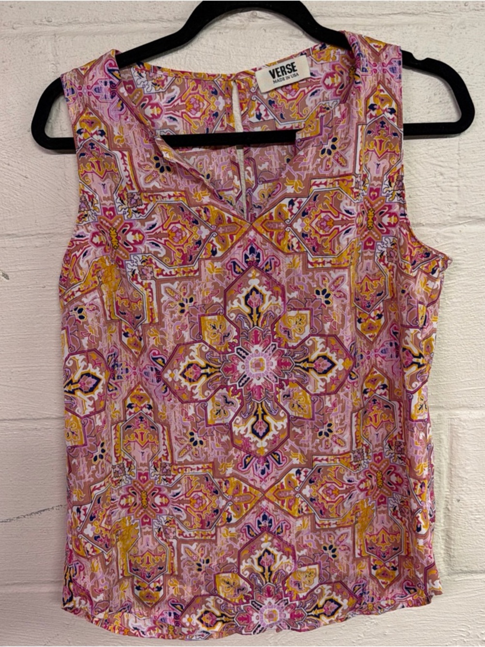 Verse Jory Split Pink Multicolored Boho V-Neck‎ Sleevless Women's Top | Size: S